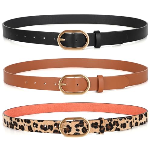 XZQTIVE 3 Pack Plus Size Women's Leather Belts for Jeans Pants Dress Fashion Gold Buckle Ladies Waist Belt - color: F-black+brown+leopard, size: Medium: fits waist from 31"-37"