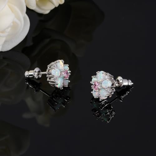 CiNily Flower Earrings,Opal Stud Earrings Sterling Silver or White Gold/Rose Gold Plated Ladies Flower Stud Earrings Cute Unique Earrings for Girls - color: Pink 2