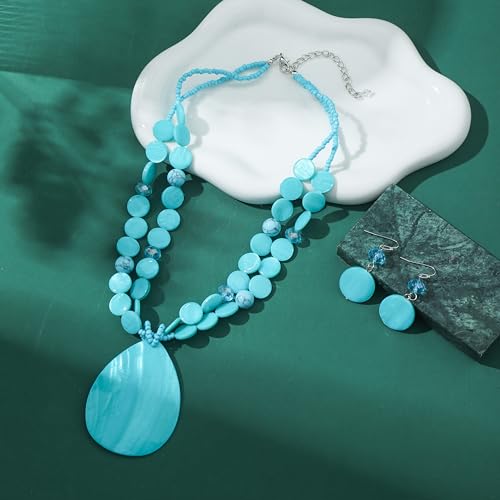 Big Teardrop Pendant Necklaces for Women Colorful Beaded Necklaces Statement Set for Holiday. - color: Turquoise