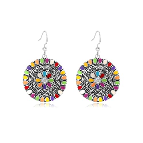 MALOYANVE Vintage Boho Circular Flower Dangle Earring, Handmade Bronze Tribal Round Enamel Floral Drop, Bohemian Ethnic Statement Jewelry Gift for Women - color: Silver Muticolor