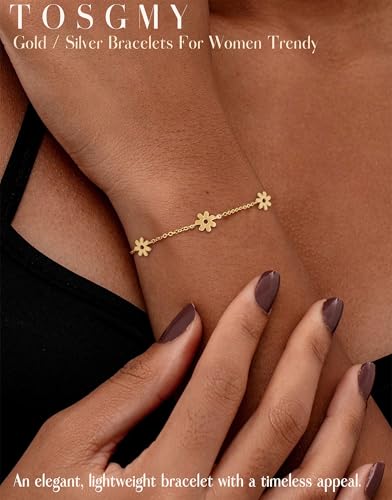 Dainty Silver Gold Bracelets for Women Trendy Non Tarnish 14K Gold Plated Cute Clover Bracelet Stackable Daisy Cubic Zirconia Diamond Charm Bracelet Stack Waterproof Jewelry Gifts - color: H- Sunflower Bracelet- Gold