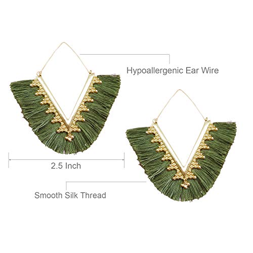 Tassel Hoop Earring Statement Thread Dangle Earrings Stylish Long Fringe Drop Earrings Lightweight Long Swingy French Hook Earrings for Women - color: A Olive Green