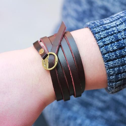 2PCS Genuine Leather Cuff Bracelets Adjustable Cowhide Leather Boho Layered Arm Armor Cuff Vintage Western Dark Brown Stackable Straps Wristbands Wrist Wrap with Toggle Clasp for Men Women - color: dark brown
