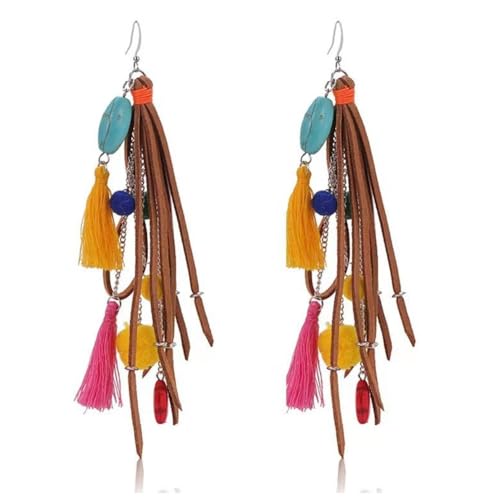 Long Bohemian Fringe Leather Earrrings Handmade Tassel Earrings with Turquoise Christmas Long Dangle Earrings for Women rodeo jewelry - color: 6