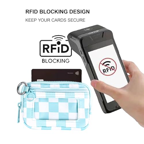 Wristlet Wallet for Women Mini Zip Card Case with Clear ID Window Zipper Coin Purse Lightweight Portable Keychain Wallet - color: Blue Lattice