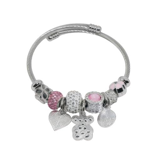 Silver Women Bracelets - Adjustable Charm Bracelets for Women Birthday Gifts Favors Titanium Steel Bracelet Bundle Jewelry Kit - color: B: Bear - Love - Pink