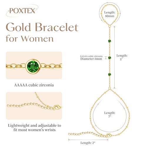 Poxtex Waterproof 14K Gold Plated Hand Chain Bracelet for Women, Non Tarnish Hypoallergenic Beaded Finger Ring Bracelet with Cubic Zirconia, Dainty Minimalist Boho Indian Style Stackable Wrist Body Jewelry for Summer Festival Vacation - color: Green (St.