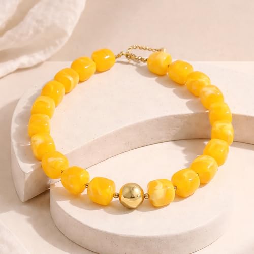 Mchic Colorful Beaded Choker Necklace for Women: Boho Large Square Acrylic Beaded Necklace Stainless Steel Adjustable Surfer Beach Strand Necklaces Summer Handmade Jewelry Gift for Women - color: Yellow1