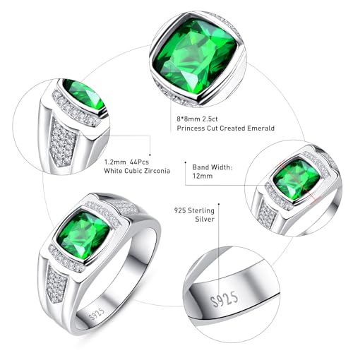 Yaresul 8 * 8mm 2.85CT 925 Sterling Silver Mens Gemstone Ring Princess Cut Created Black Onyx|Sapphire|Emerald|Ruby Mens Wedding Band Engagement Ring Pave CZ W/AAA Size 6-13 - color: Created Emerald