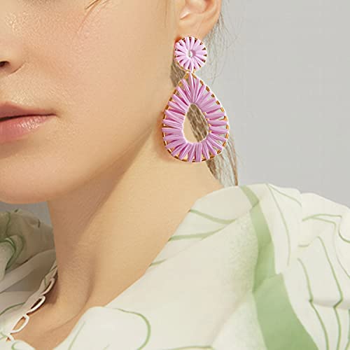 Raffia Teardrop Dangle Earrings Handmad Statement Drop Earrings - color: Lavender