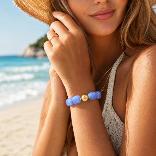 Multicolor Chunky Beaded Bracelet for Women Bold Acrylic Resin Stretch Bracelet Summer Beach Statement Bracelets Trendy Elastic Bangle Jewelry - color: Bead bracelet-light blue