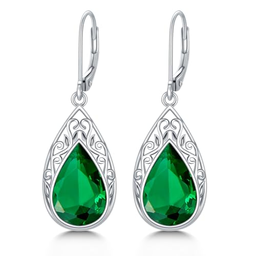 POIUY Gifts for Women Hypoallergenic Teardrop Filigree Birthstone Leverback Dangle Earrings 18K White Gold Fashion Jewelry Anniversary Wedding Birthday Gifts for Women Daughter Sister Girlfriend Wife - style: 5-May Birthstone Earrings