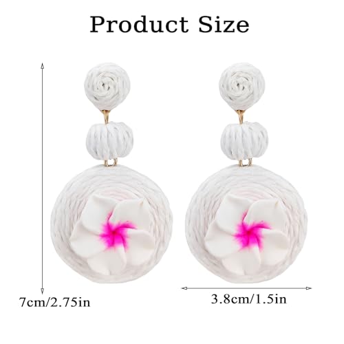 Boho Raffia Ball Earrings for Women, Handmade Statement Drop Earrings Straw Dangle Earrings Beach Vacation Jewelry - color: White flowers