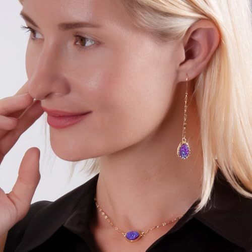 Simulated Druzy Threader Earrings for Women - Gold, Silver, or Rose Gold Tone Long Chain Earrings with Boho Created Geode Stone - color: Gold - Purple Stone