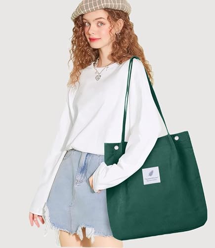 Corduroy Tote Bag for Women Small Canvas Shoulder Purse Cord Handy Bag with Inner Pocket | with Front Pocket - color: 02 Green
