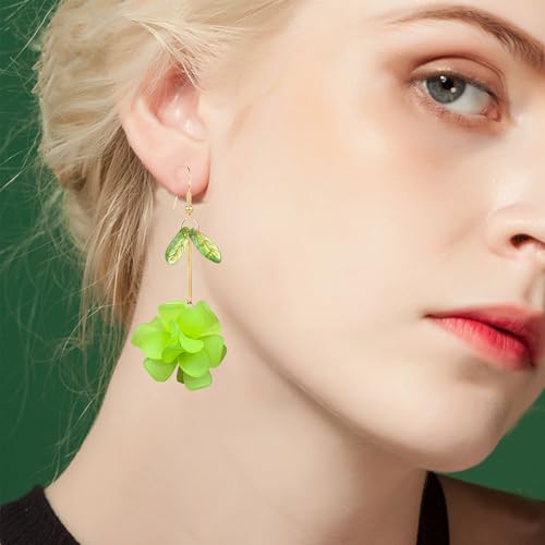 Resin Flower Cluster Ball Dangle Drop Earrings for Women Spring Summer Bohemian Floral Petal with Green Leaf Earrings Vacation Party Jewelry - color: Neon Green