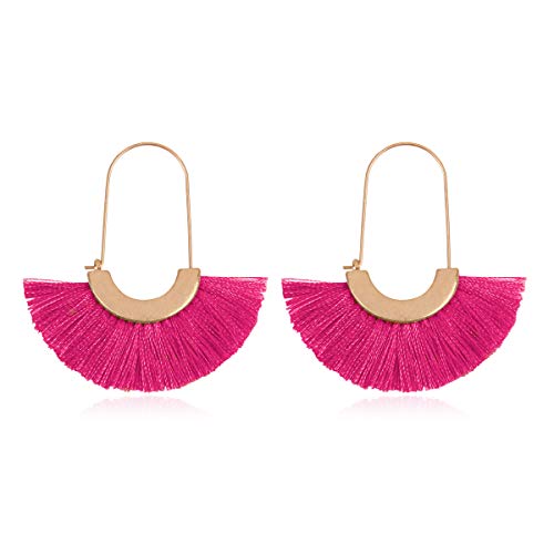 Bohemian Silky Thread Tassel Strand Fringe Statement Hoop Earrings - Lightweight Semi Circle Fan Threader, Mermaid Hoops - color: Fan Tassel Threader - Hot Pink
