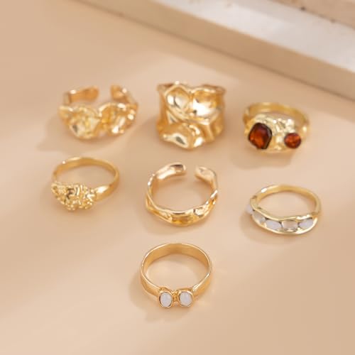 Chunky Gold Rings for Women Non Tarnish Boho Stackable Rings Set Adjustable Open Joint Finger Midi Knuckle Ring Packs - color: Gold Chunky Rings 7Pcs
