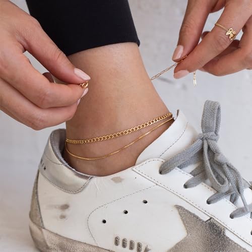 Ritach Ankle Bracelets for Women - Silver/Gold Plated Stainless Steel Anklets for Women Waterproof Layered Cuban Link Figaro Chain Heart Anklets Set Summer Beach Jewelry Gifts - color: Gold- Paperclip & Cuban & Box Chain