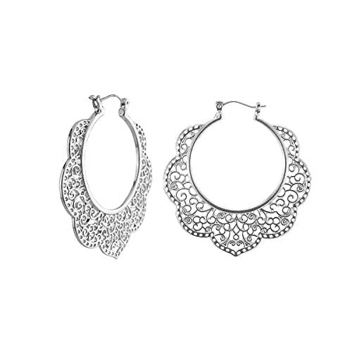 Bohemian Boho Filigree Hoop Earrings for Women – Intricate & Delicate Cutout Design Details – Tribal Floral Gypsy Lightweight Geometric Metallic Statement Earrings - style: Outer Floral - Silver