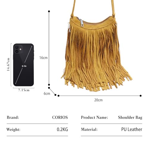 CORIOS Women's PU Leather Shoulder Bag Bohemian Fringe Crossbody Bag for Women Stylish Tassel Design Tote Handbag - color: Yellow