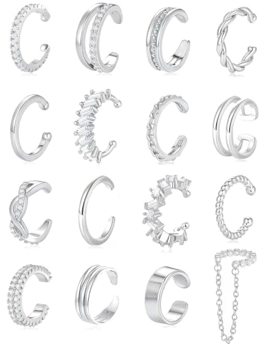 Tornito 16Pcs Ear Cuff Earrings for Women Non Piercing Ear Cuffs Cubic Zirconia Ears Clip on Earring Cartilage Helix Wrap Fake Earrings Jewelry Adjustable Gold Silver Plated - color: Silver