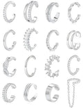 Tornito 16Pcs Ear Cuff Earrings for Women Non Piercing Ear Cuffs Cubic Zirconia Ears Clip on Earring Cartilage Helix Wrap Fake Earrings Jewelry Adjustable Gold Silver Plated - color: Silver