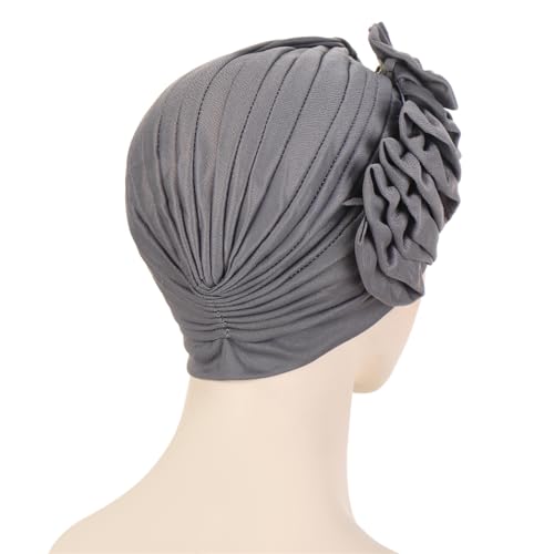 Flower Turban Hats for Women - Ruffle Bead Stretch Solid Caps Chemo Cancer Pre Tied Headscarf Headwear - color: Gray