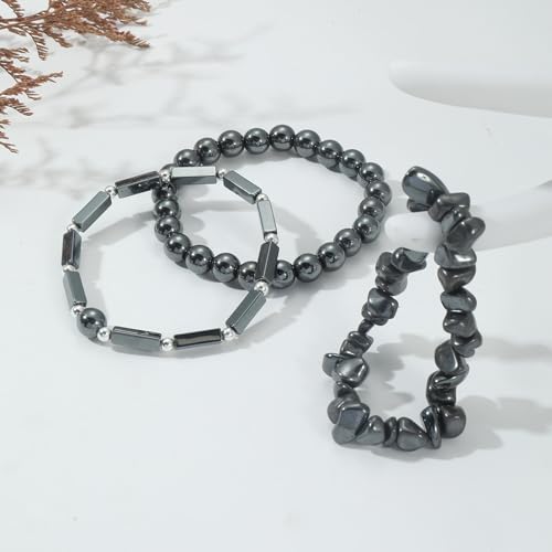 3Pcs Natural Stone Bracelets for Women 8mm Crystal Beaded Bracelets Handmade Stretch Bracelet Healing Crystal Jewelry for Women - style: Hematite