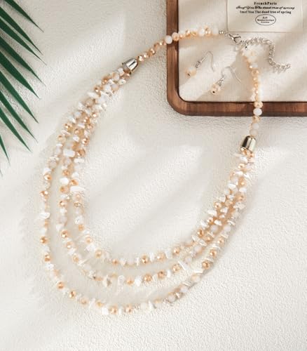 Errally Layered Beaded Statement Necklace Multi Strand Crystal Beads Collar Necklace and Earring Sets for Women Fashion Costume Jewelry Set Gifts for Her - color: 15-Beige