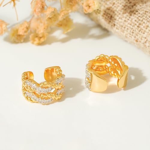 MTMY Gold Ear Cuff Earring for Women 14K Gold Plated Cubic Zirconia Non-Pierced Clip on Cartilage Chunky Ear Cuffs Hypoallergenic Jewelry - style: 2rope / pair