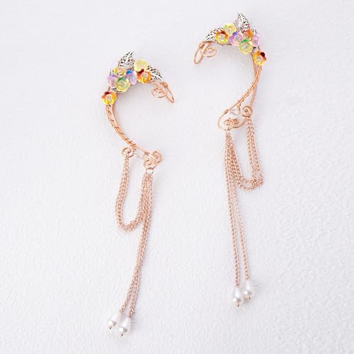 Elf Ear Cuffs, OwMell Handcraft Silver Pointed Fairy Elven Cosplay Fantasy Costume Bridal Wedding Earrings for Non Pierced Ears - style: Colorful Flowers with Pendant