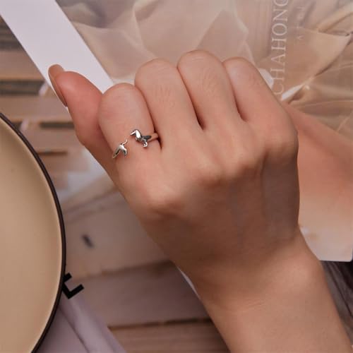 BISAER 925 Sterling Silver Ring Adjustable Cute Unique Cat Snake Butterfly Dragonfly Fashionable Ring For Women Jewelry - color: silvery dachshund