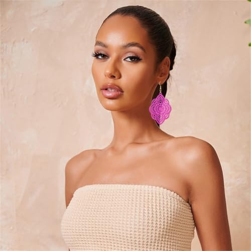 Bohemian Wood Earrings Natural Retro Lightweight Hollow Pattern Geometric Wooden Dangle Drop Earrings Statement Vintage Jewelry - color: Rose Pink Earrings