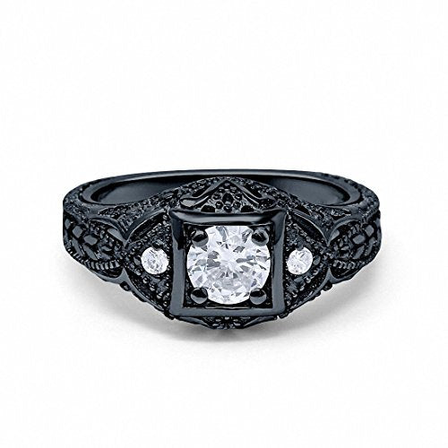 Blue Apple Co. Art Deco Ring Round Cubic Zirconia Leaf Filigree Design Split Shank Twisted Band Bridal Statement Wedding Engagement Rings For Women 925 Sterling Silver Gifts For Her - color: Black Tone, Simulated Cubic Zirconia