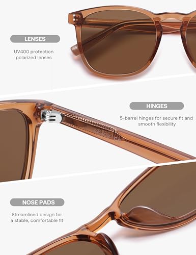 SOJOS Unisex Rounded Square Polarized Sunglasses TR90 Frame UV400 Protection Lightweight Retro for Women & Men - color: Crystal Brown/Brown