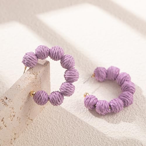 Raffia Hoop Earrings Statement Boho Beaded Earrings Cute Rattan Handmade Colorful Jewelry for Women Unique Summer Outfits - color: Purple