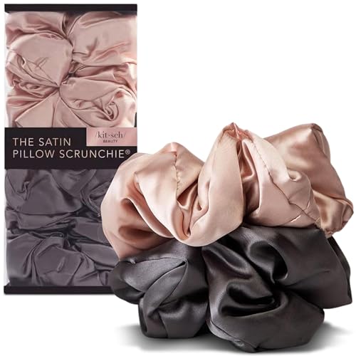 Kitsch Satin Hair Scrunchies for Women, Softer Than Silk Scrunchies for Hair - No Damage Satin Hair Ties, Ponytail Holders | Ideal Gifts for Women, 2pc (Blush/Charcoal) - color: Blush/Charcoal