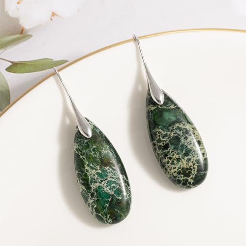 SELOVO Stone Fishhook Dangle Drop Earrings Statement Earrings for Women Stone - color: Green-Silver Color Hook