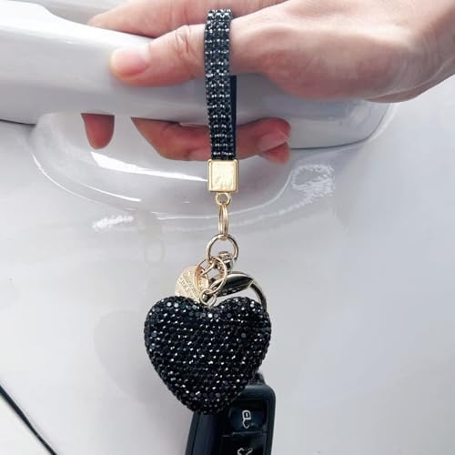 Keychain for Women Girls Bling Heart/Star/Strawberry Key Chain Accessories for Key/Backpack Bag Charm - color: Black Heart