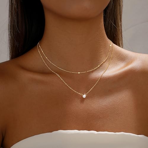Layered Gold Necklace for Women Trendy 14K Gold Plated Heart CZ Pendant Layered Gold Necklaces Set Coin Choker Necklaces Simple Circle Cubic Zirconia Pearl Necklace Stack Herringbone Paperclip Chain Jewelry Set - style: 2PCS-Dotchain zircon-GD