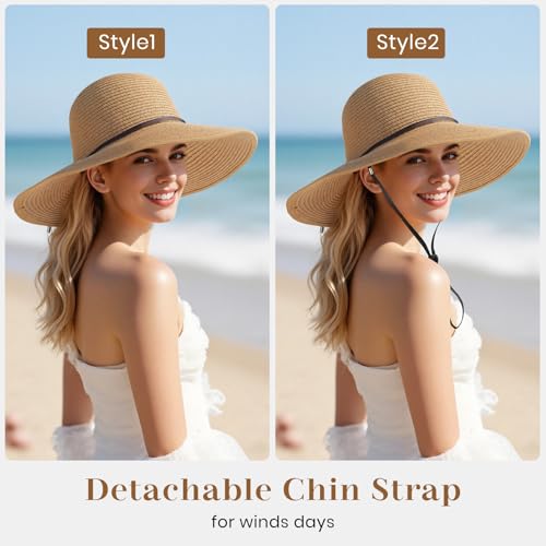 Sun Hats for Women, Straw Hats UPF 50+ Sun Protection, Wide Brim Womens Beach Hat for Summer Travel - color: Khaki