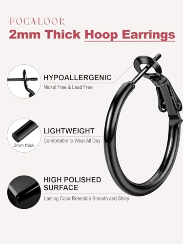FOCALOOK 14K Gold Plated Lightweight Large Hoops| 2mm Thin Hoop Earrings for Women 30/40/50/70/100mm - color: 01.Black, size: 20mm