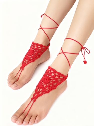 2PCS Beach Crochet Barefoot Sandals Red Anklet Layered Lace Ring Foot Chain Bridal Wedding Anklet Foot Yoga Dance Trendy Accessories for Women