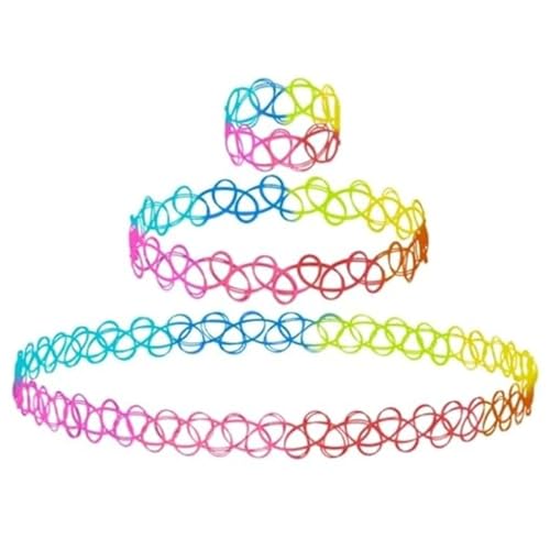 BodyJ4You 3PC Tattoo Choker Set Necklace Bracelet Ring - 90s Necklace 2000s Y2K Fashion Vintage - Stretchy Elastic Neck Lace Women's - Gothic Black Multicolor Rainbow - Classic Fashion Trend - color: Rainbow