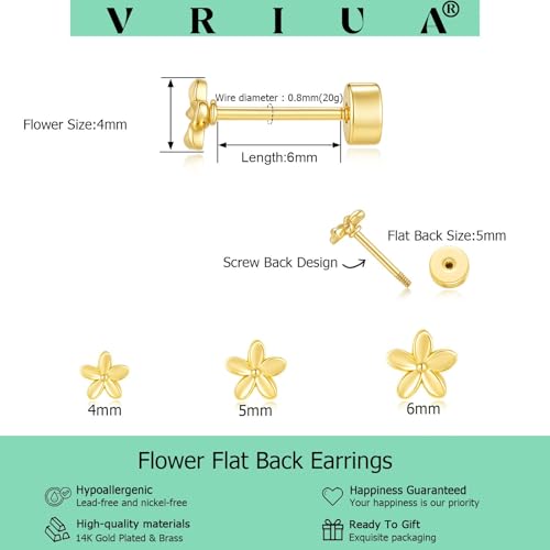 VRIUA 20G Tiny Flat Back Earrings for Women - 14K Gold/Silver Plated Small Flat Back Stud Earrings Hypoallergenic Cartilage Helix Piercing Jewelry - color: 4/5/6mm-Flower Flat Gold
