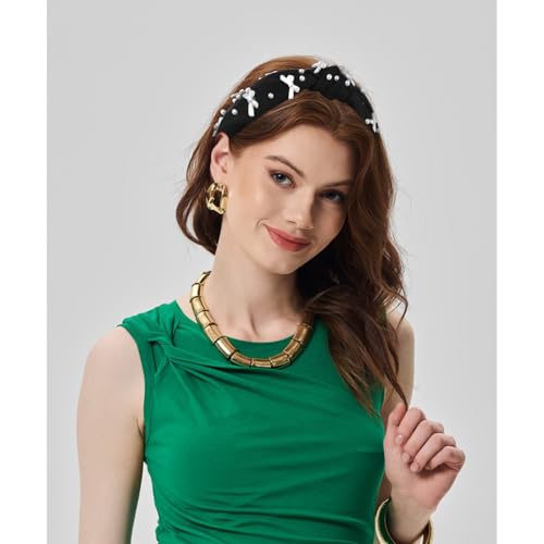 Black Headband Bow Pearl Knotted Headbands for Women Girls Cute Fashion Wide Headbands for Women Non Slip Hairbands Head Bands for Women's Hair Bow Hair Accessories - color: Black-02