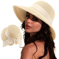 DRESHOW Sun Hats for Women Travel Fedora Foldable Beach Sun Hat Summer Wide Brim Straw Bucket Hat with Bowknot UPF 50+ - color: 1 Pack Bowknot Straw Hat: Beige With Beige Band