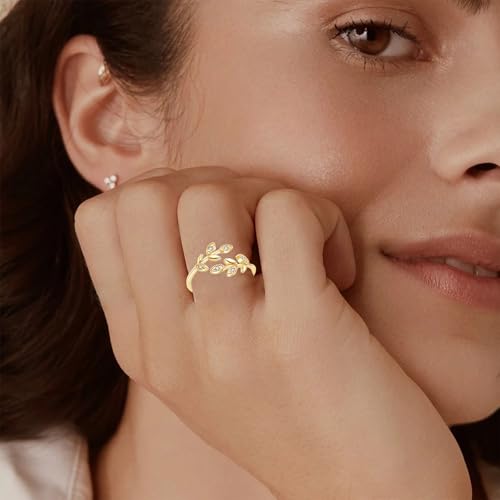 Gold Rings for Women Non Tarnish, 18K Gold Plated Trendy Stackable Gold Rings, Adjustable Open Statement Rings with Cubic Zirconia - color: Leaf Rings