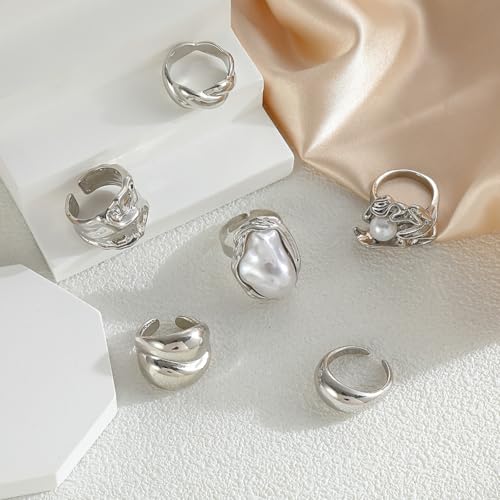 Chunky Gold Stackable Rings Set for Women Pearl Flower Rings Sets Dainty Carved Signet Joint Finger Midi Rings Pack Adjustable Chunky Knuckle Ring Statement Stacking Ring Pack - color: D-Silver-6Pcs